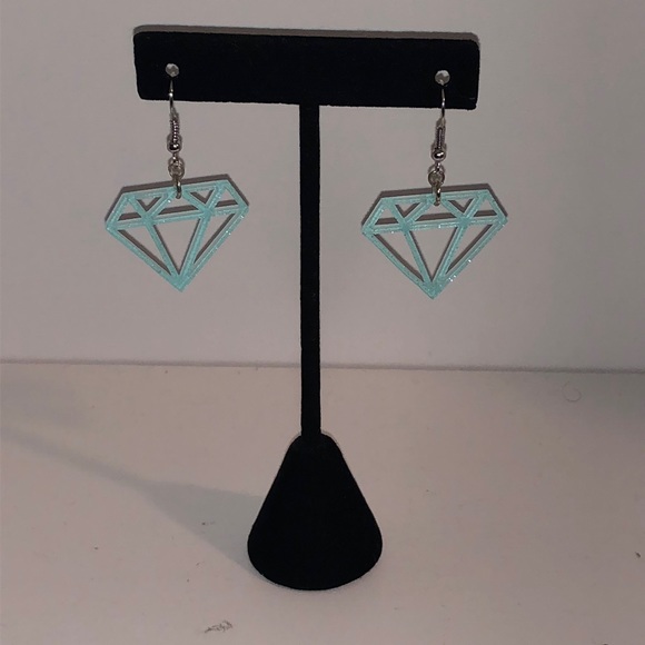 Blue Sparkly Diamond Dangle Earrings - Picture 2 of 3